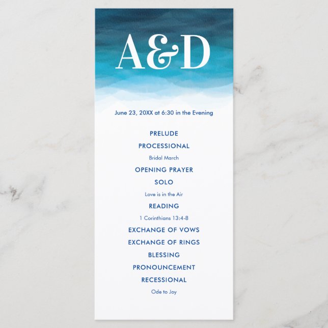 Ocean Waves Programme de mariage aquarelle, bleu (Devant)