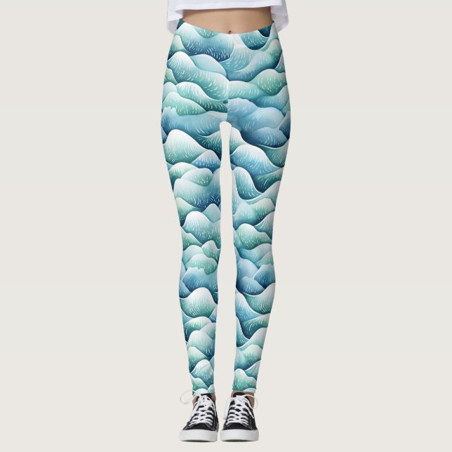 Ocean Waves Watercolor Turquoise Motif Leggings (Devant)