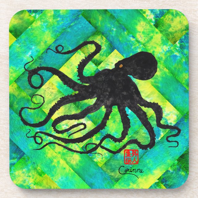 Octopus 6 Sur Bleu/Vert - Dessous de verre En Plas (Devant)