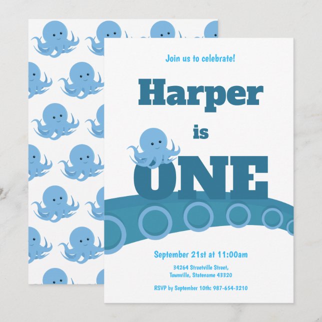 Octopus bleu | Invitation de fête d'anniversaire (Devant / Derrière)