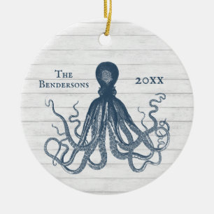 OCTOPUS BLEU vintage ORNEMENT SUR BOIS BLANC