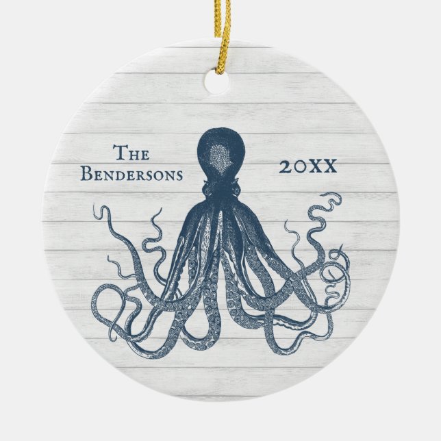 OCTOPUS BLEU vintage ORNEMENT SUR BOIS BLANC (Devant)