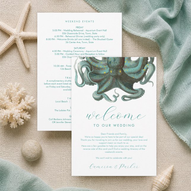 Octopus Green Programme de mariage et de bienvenue (Green Octopus Aquarium Wedding Welcome Letter weekend events schedule itinerary by Concertina Press)