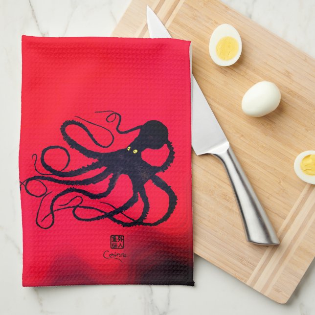 Octopus On Red de Sybille - Serviette de cuisine (Quart Plié)