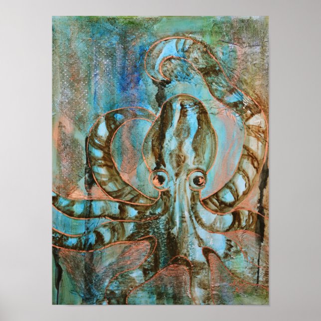 Octopus turquoise et cuivre Impression d'art Abstr (Devant)