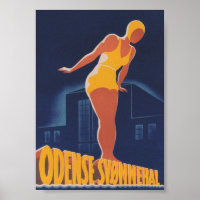 Odense Danemark, Swimmer, Poster Vintage voyage