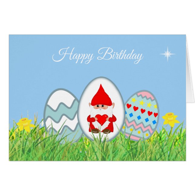 Œufs de Pâques peints et Gnome de joyeux anniversa (Devant horizontal)