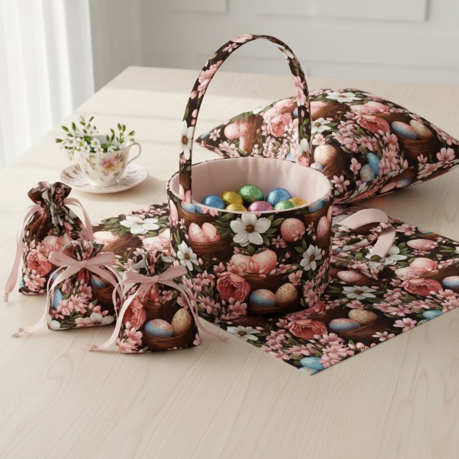 Œufs de Pâques rustiques & Tissu floral en panier  (Rustic Easter Eggs & Wicker Basket Floral Fabric)