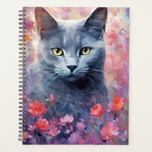 OEuvre d'aquarelle colorée du chat bleu russe (Devant)