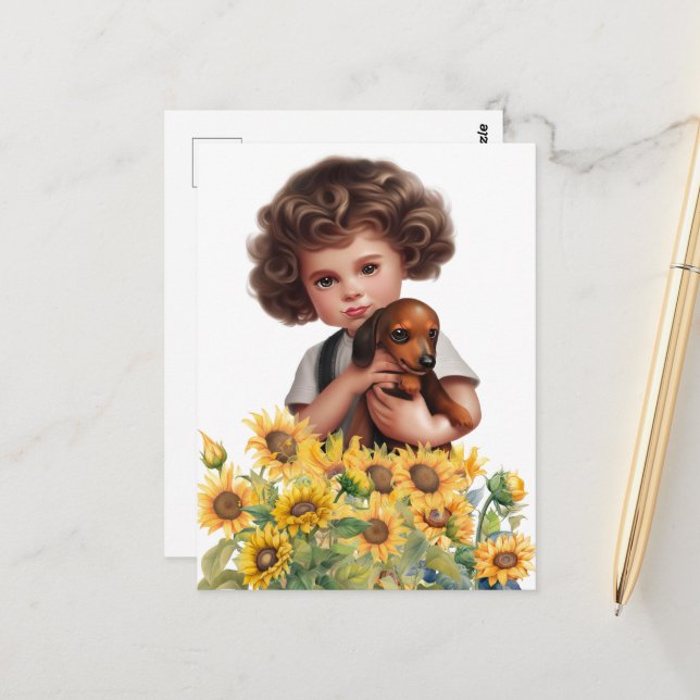 Œuvre d'art de carte postale de petit garçon tenan (Devant/Arrière en situation)