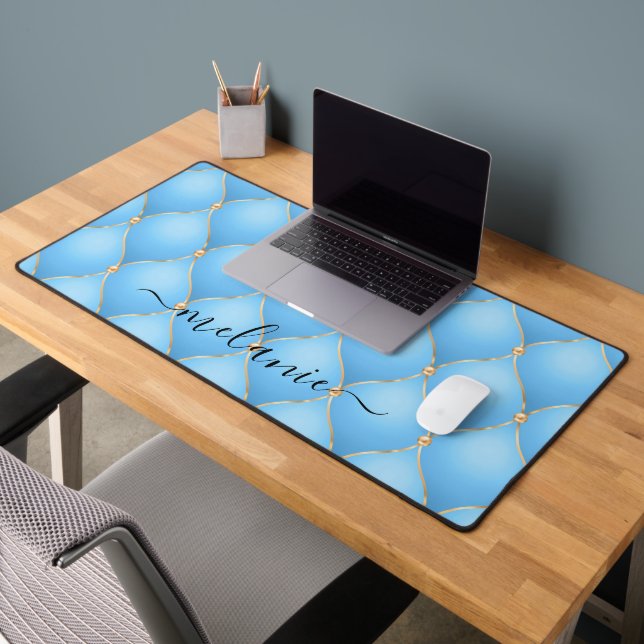 Ogee Gold Diamond Tufted Sky Blue Nom personnalisé (Bureau 2)