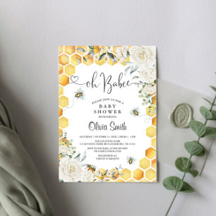 Oh BaBee Bee White Floral Baby shower Invitation