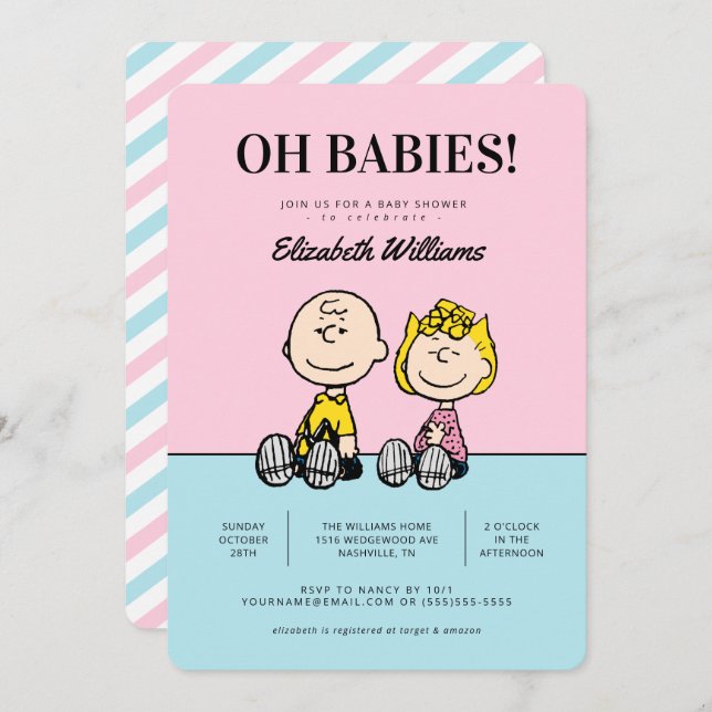 Oh Babies ! Baby shower Peanuts Twins Invitation (Devant / Derrière)