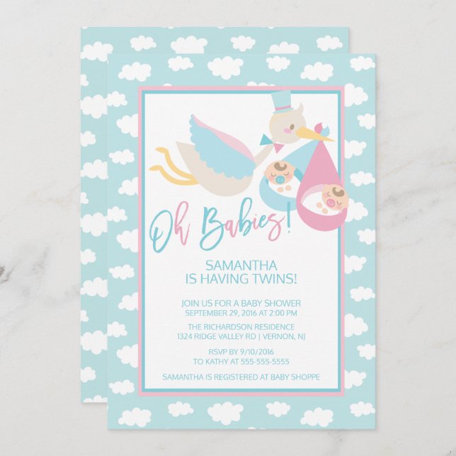 Oh Babies ! Invitation Baby shower jumeau Stork (Devant / Derrière)