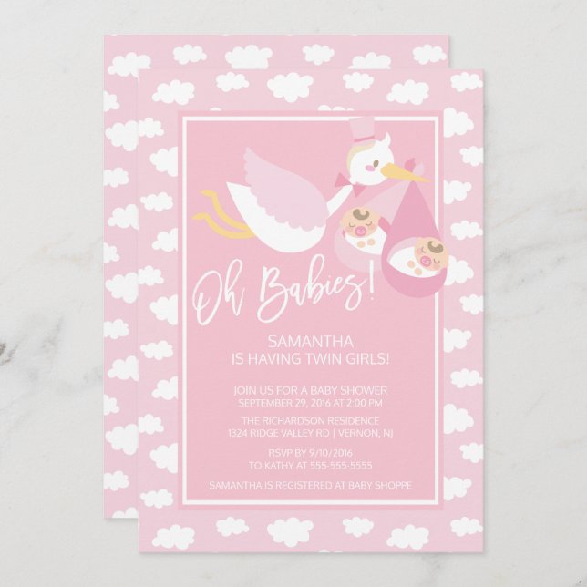 Oh Babies ! Stork jumelles Baby shower Invitation (Devant / Derrière)