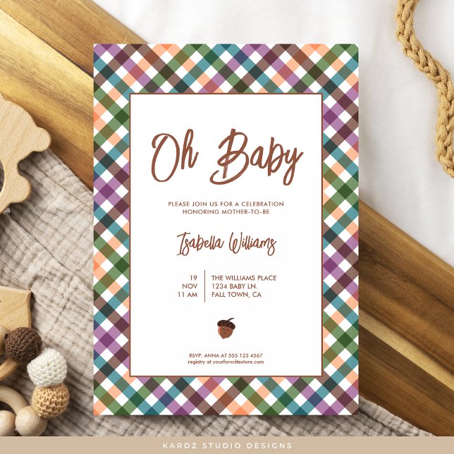 Oh Baby À damiers Baby shower Invitation (Invite shown in 5 x 7 inches, choose size, paper and corner style. Buy print or digital invitations.)