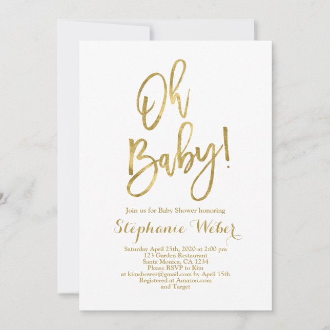 Oh Baby blanc et or baby shower Invitation (Devant)