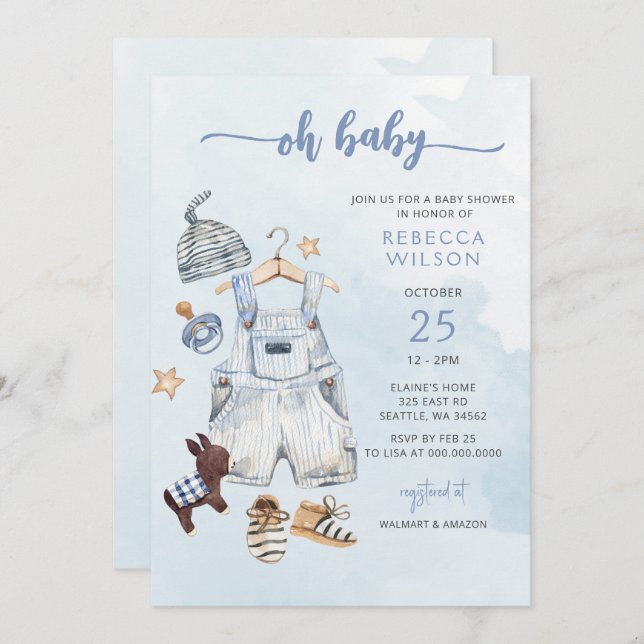 Oh Baby Blue Boho Boy Baby shower Invitation (Devant / Derrière)