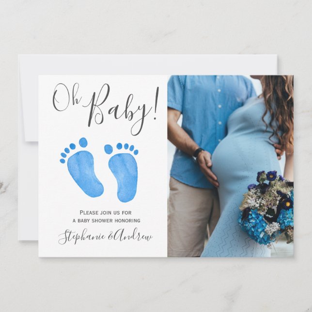 Oh Baby Blue Feet Baby shower photo Invitation (Devant)