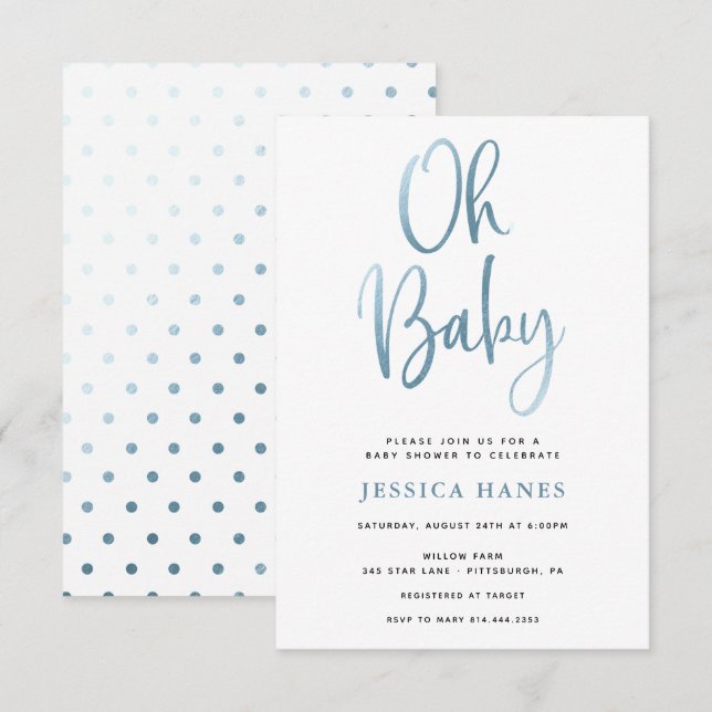 Oh Baby Blue Foil Baby shower Invitation (Devant / Derrière)