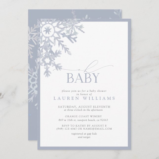 Oh Baby Blue Snowflake Baby shower d'aquarelle (Devant / Derrière)