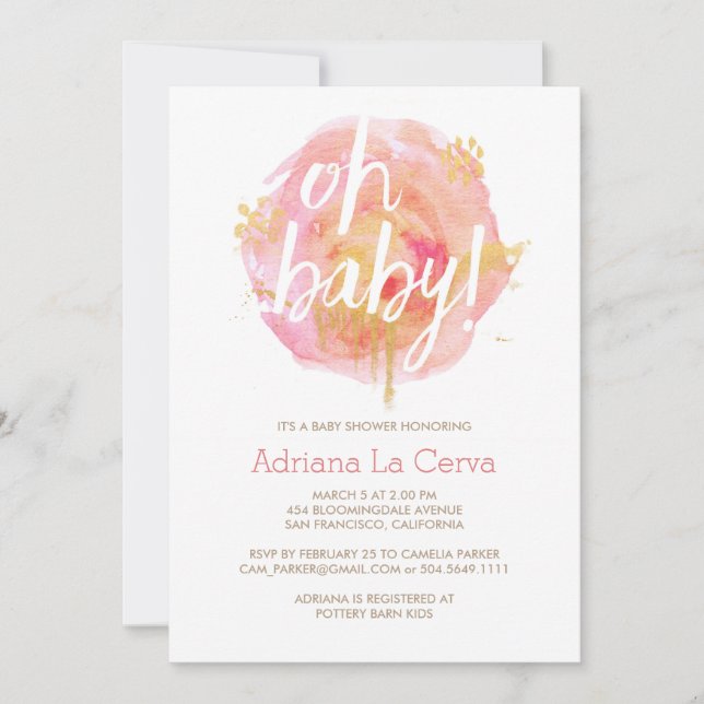 Oh Baby Blush aquarelle Baby shower Invitation (Devant)