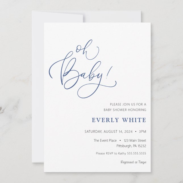 "Oh Baby" Calligraphie Baby shower bleu invitation (Devant)