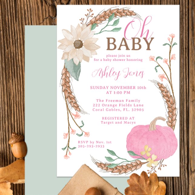 Oh Baby Citrouille rose Invitation douche (Fall Pink Pumpkin Baby Shower Party Invitation)