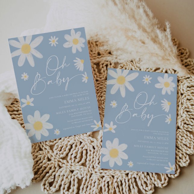 Oh Baby Dusty Blue Daisy Baby shower Invitation (Créateur téléchargé)