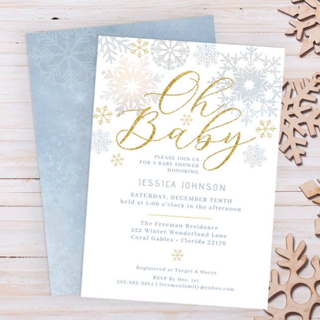 Oh Baby Dusty Blue Snowflake Invitation de douche (Oh Baby Winter Wonderland Baby Shower Invitation - Dusty Blue & Glitter Gold)