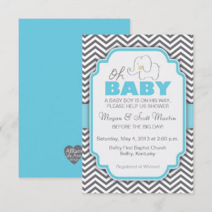 Oh Baby Elephant - Invitation de Baby shower bleu 