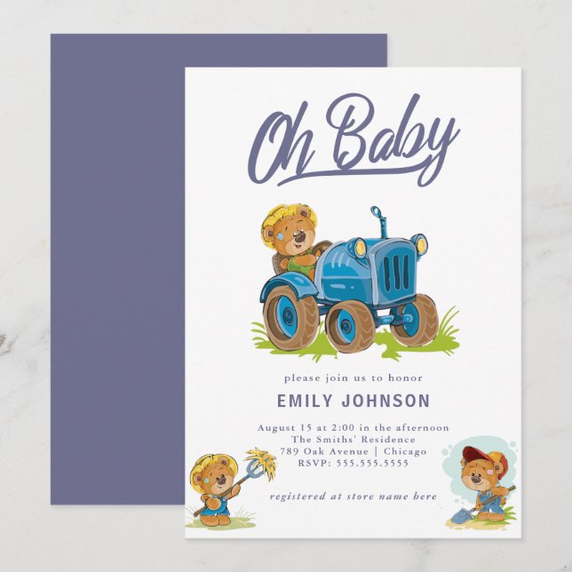 Oh Baby Farm Tractor Baby shower Invitation (Devant / Derrière)