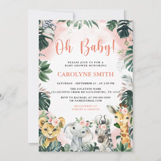 Oh Baby Girl Safari Animaux Baby shower Invitation (Devant)