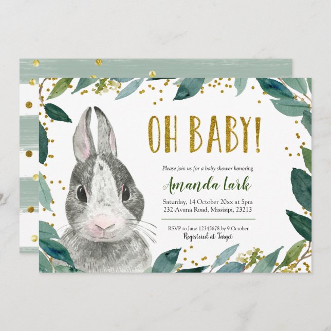 Oh Baby Green Bunny Baby shower Invitation (Devant / Derrière)