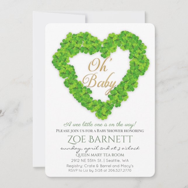 Oh Baby Lucky Clover Baby shower Invitation (Devant)
