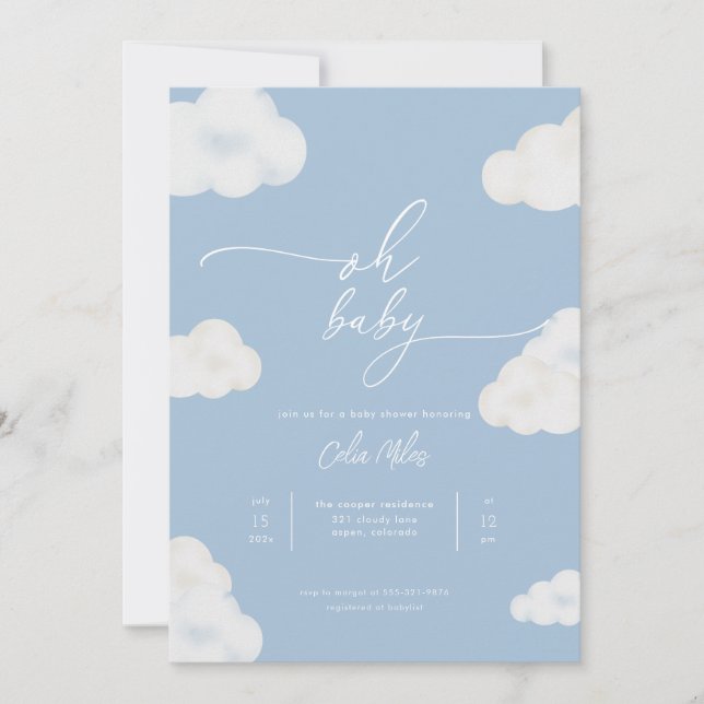 Oh Baby Modern Blue Cloud Baby Shower Invitation (Devant)
