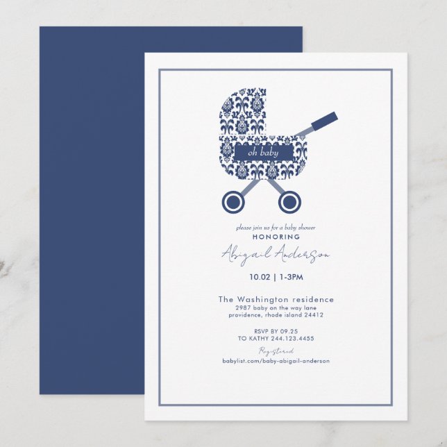 Oh Baby Navy Damask Pram Baby shower Invitation (Devant / Derrière)
