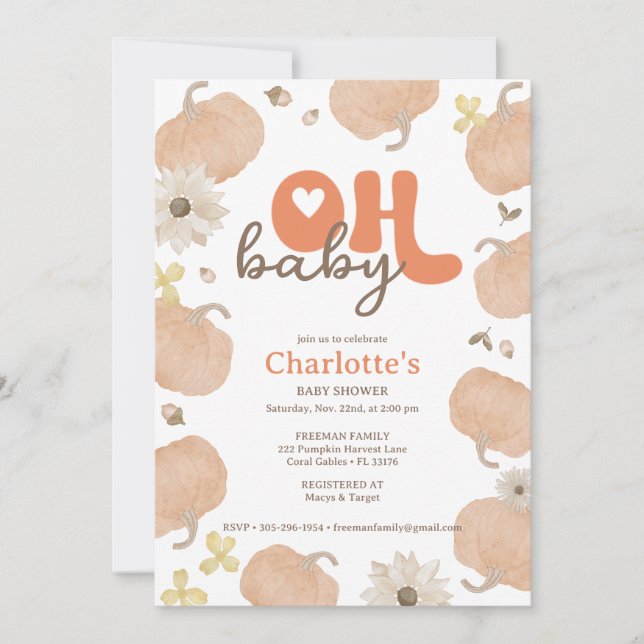 Oh Baby Orange Citrouille Baby shower Invitation (Devant)