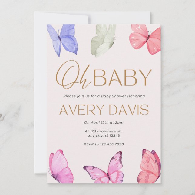 Oh Baby Papillons Baby shower Invitation (Devant)