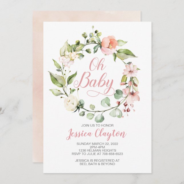 Oh Baby Peach Floral Baby shower Invitation (Devant / Derrière)