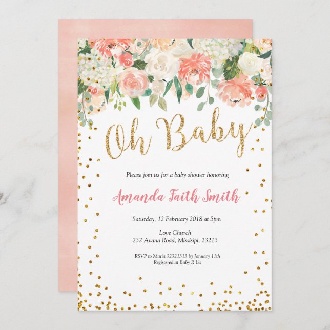 Oh Baby Peach Floral Baby shower Invitation (Devant / Derrière)