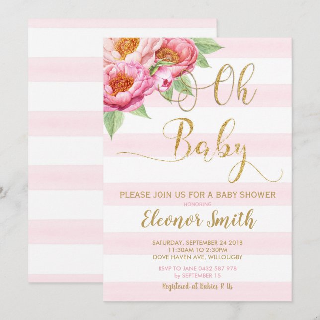 Oh Baby Peony Floral Baby shower Invitation Girl (Devant / Derrière)