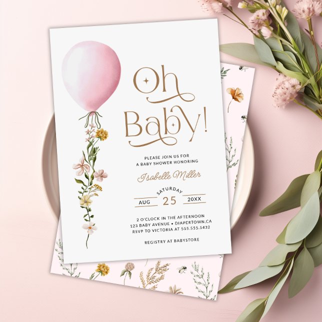 Oh Baby Pink Balloon Floral Baby shower Invitation (Oh Baby Pink Balloon Floral Baby Shower Invitation)