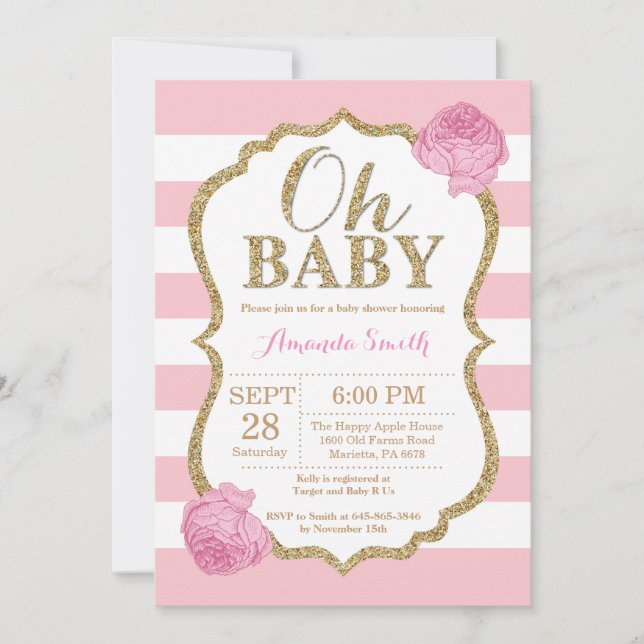 Oh Baby Pink et Baby shower d'or Invitation (Devant)