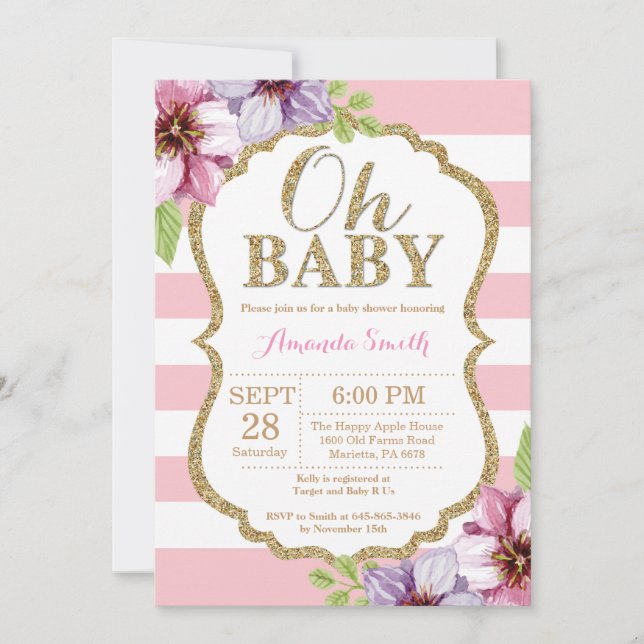 Oh Baby Pink et Baby shower d'or Invitation (Devant)