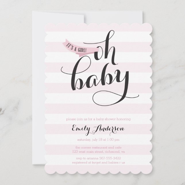 Oh Baby Pink Stripes Baby shower Invitation (Devant)