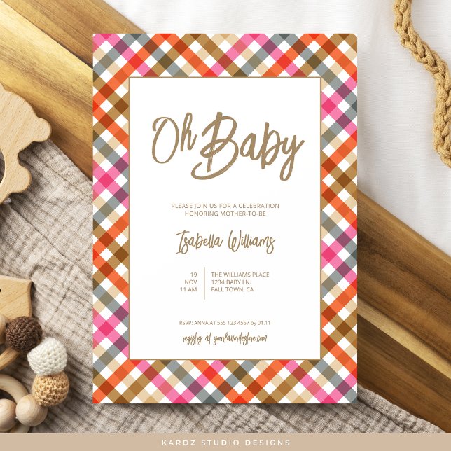 Oh Baby Script En vichy Baby shower Invitation (Invite shown in 5 x 7 inches, choose size, paper and corner style. Buy print or digital invitations.)