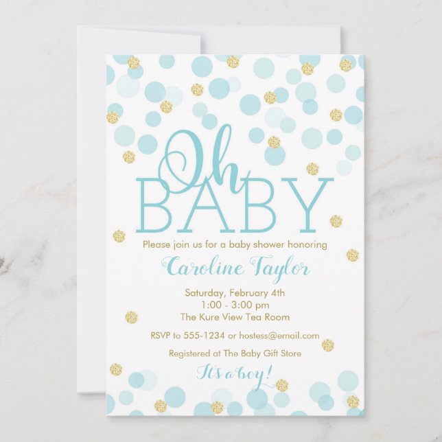 Oh Baby shower Invitation Boy Blue Gold Parties sc (Devant)