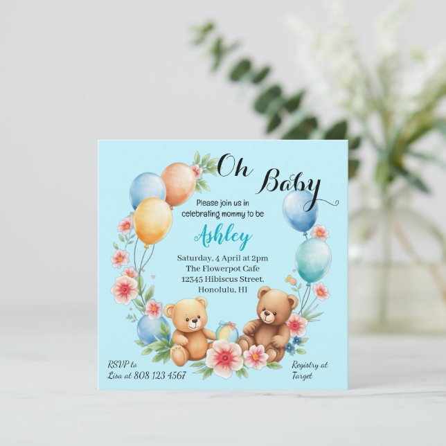 Oh Baby shower teddies & ballons invitation (Debout devant)