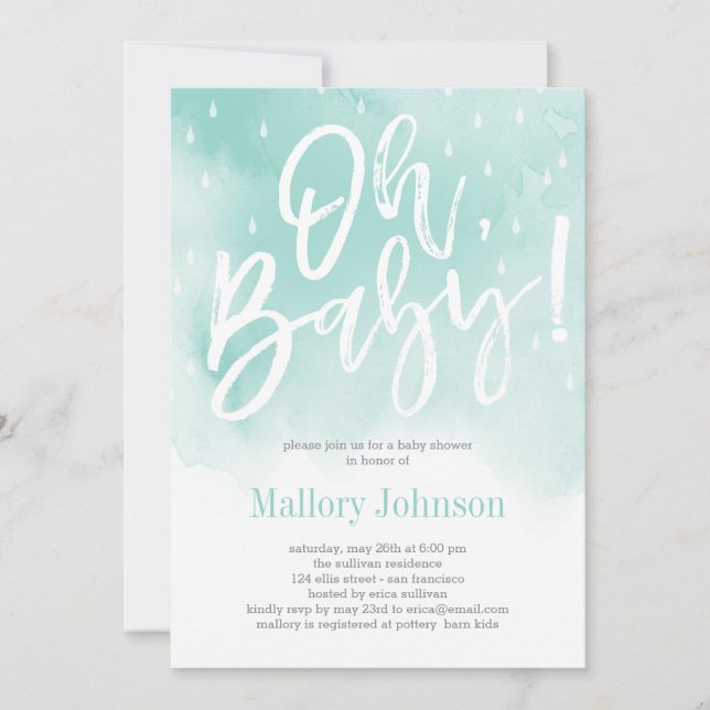 Oh Baby Watercolor Baby shower Invitation Bleu (Devant)